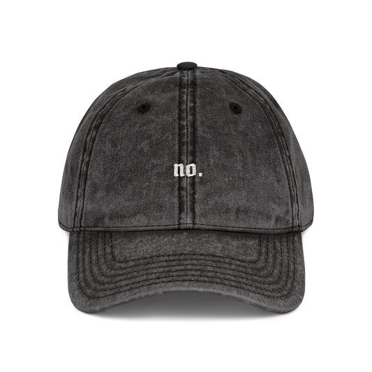 'no.' vintage embroidered dad hat in black, front