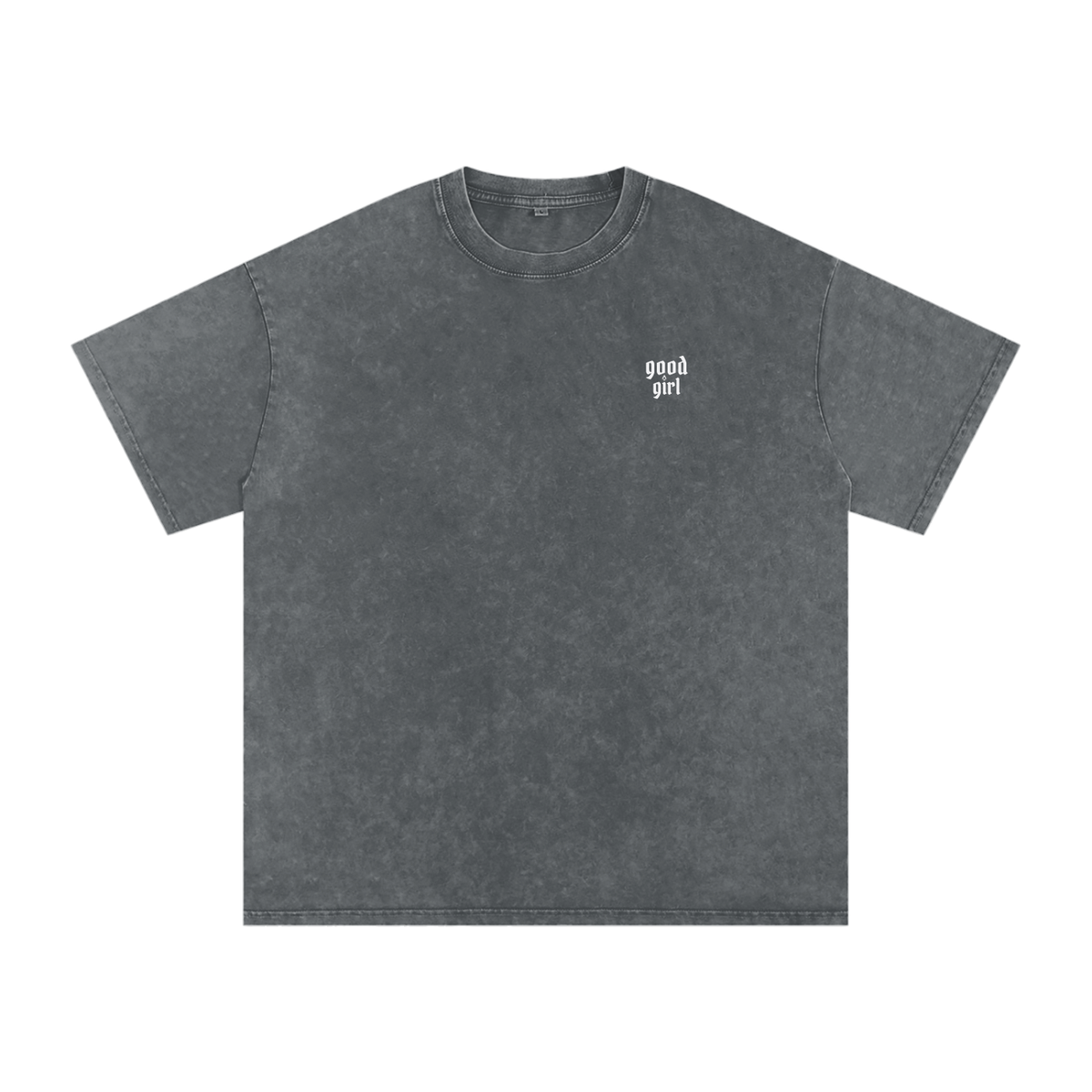 "well behaved." flaming heel snow wash oversized tee in pirate gray, front