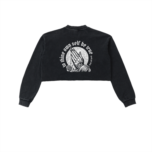 "to thine own self be true" raw edge cropped sweatshirt in black, back with praying hands arch print