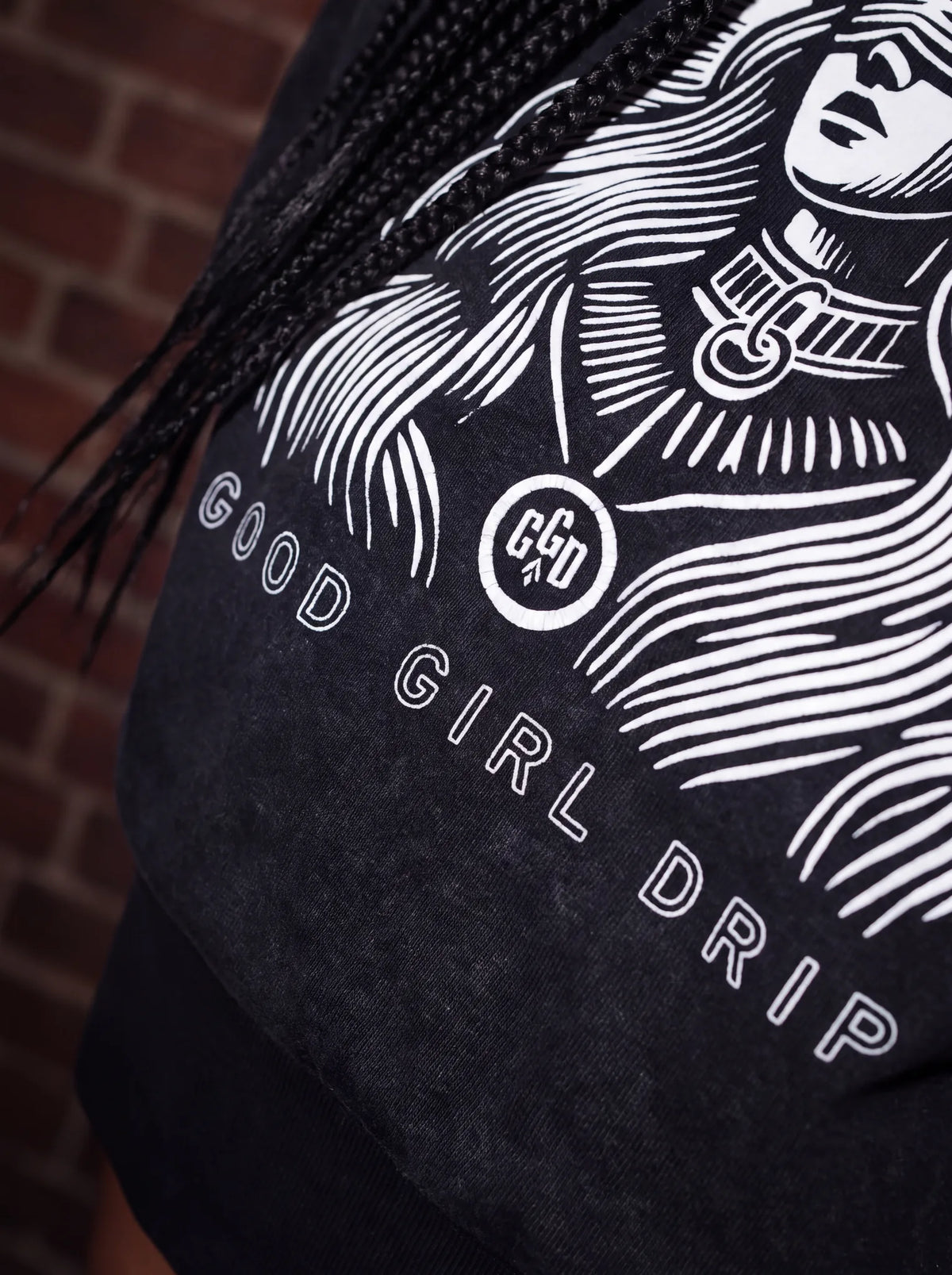 Close-up of the Good Girl Grace back print on the 'no.' hoodie