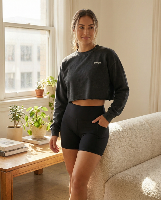 To Thine Own Self Snow Washed Raw Edge Cropped Sweatshirt