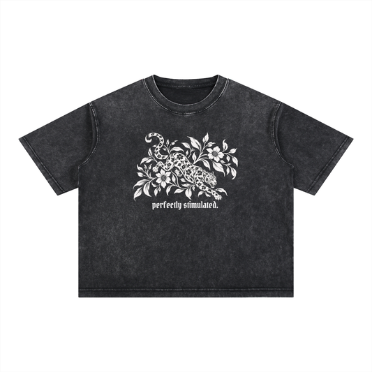 Black "perfectly stimulated." mineral wash boxy tee with a leopard and florals print