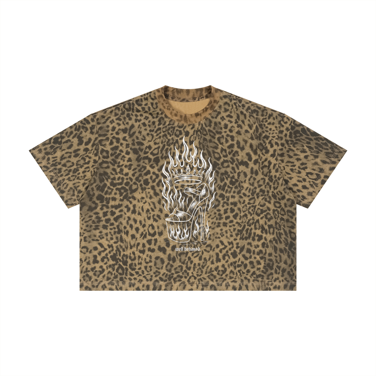 "well behaved." flaming heel leopard boxy tee in leopard brown, front