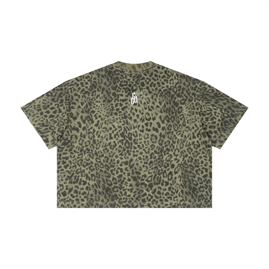 Back of the Leopard Green "perfectly stimulated." boxy tee with a small GG monogram below the collar