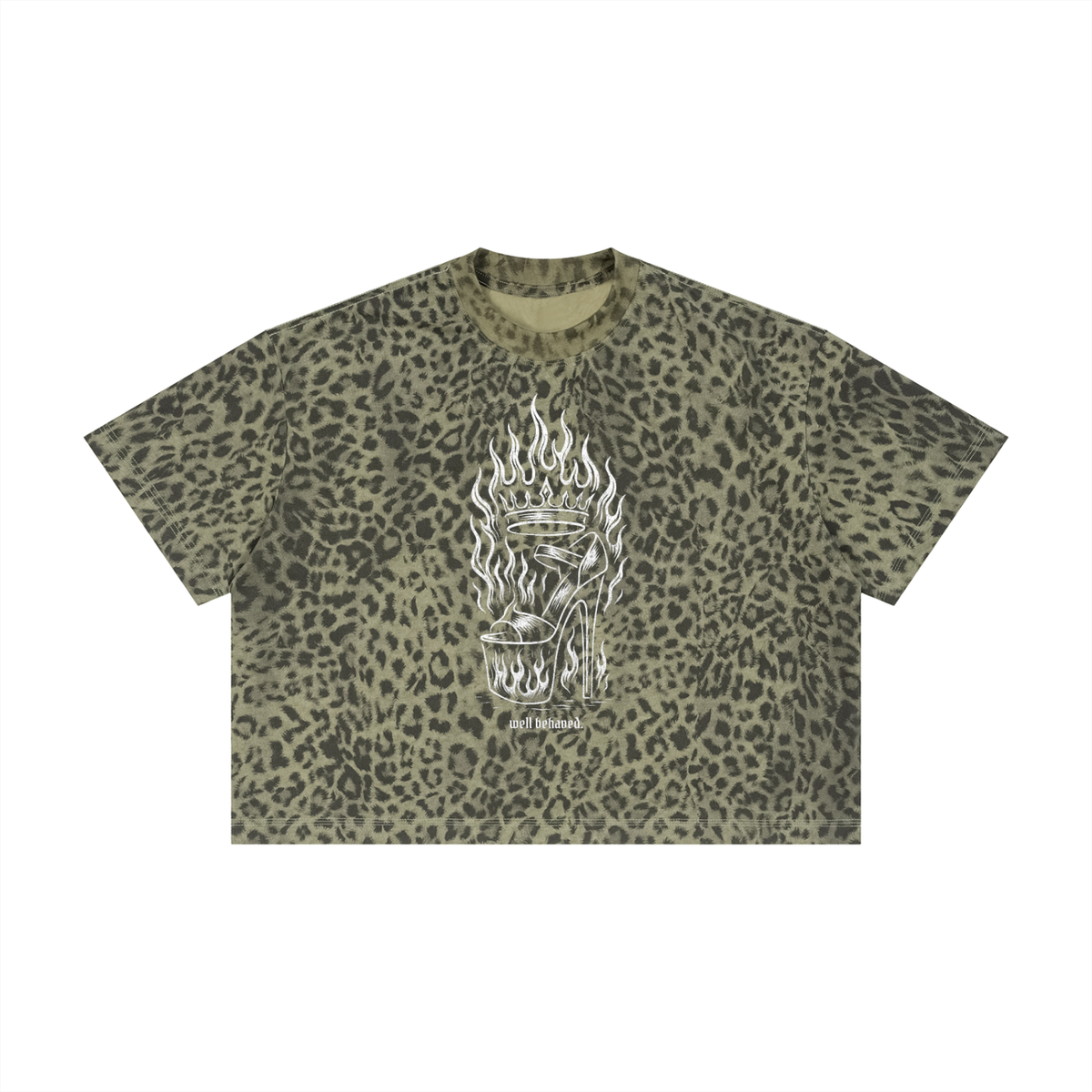 "well behaved." flaming heel leopard boxy tee in leopard green, front