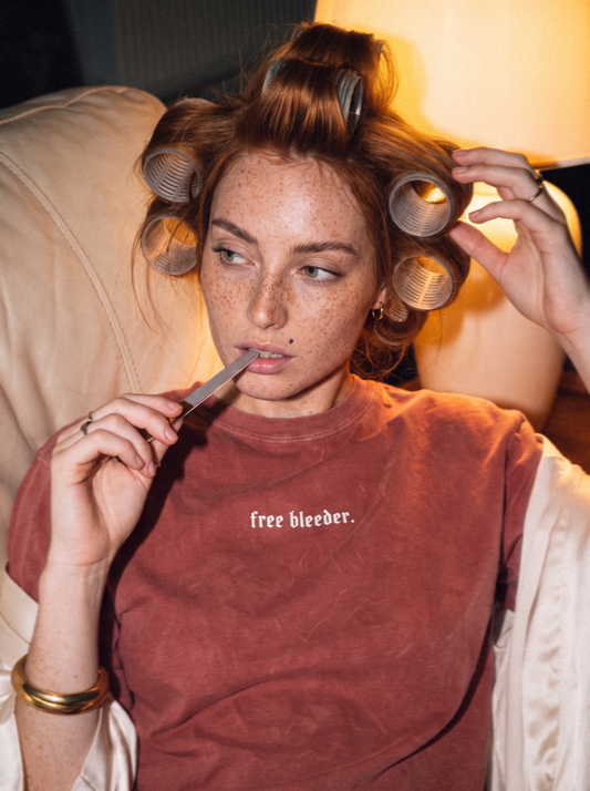 "free bleeder." Mineral Wash Red Boxy Tee